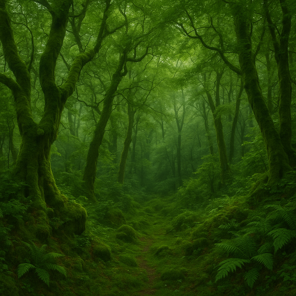 Mystical Irish native woodland with moss-covered trees and ferns